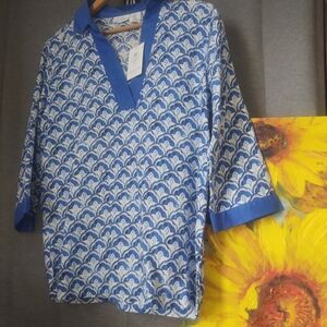 NWt Sigrid Olsen LiNeN Tunic~ Blue & White + Collar~ Size: MED
